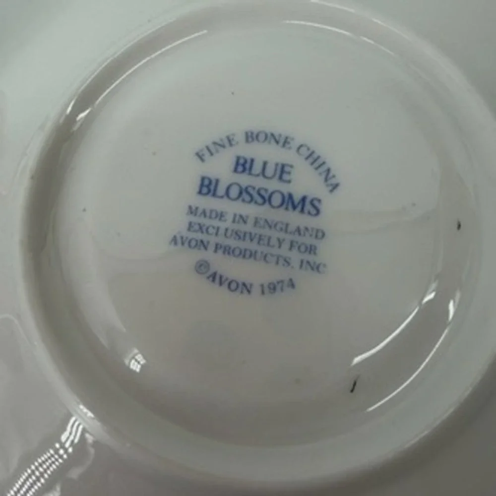 Avon Blue Blossoms Tea Cup and Saucer Set Fine Bone China England 1974 Vintage